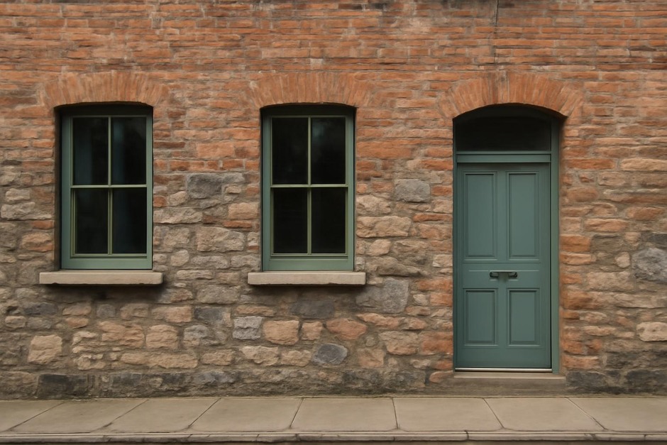 Close view of a stone and brick facade with a row of windows and a doorway