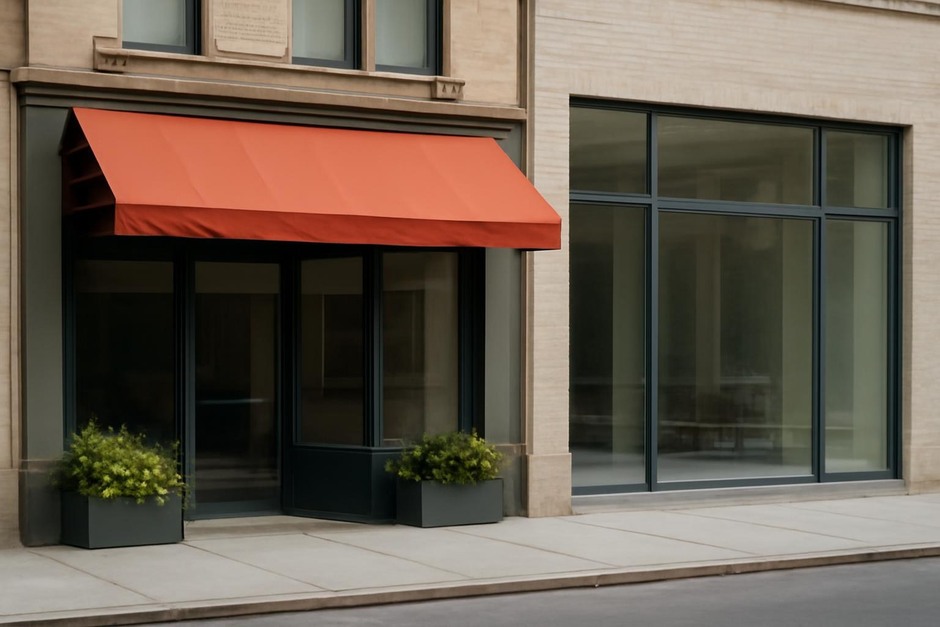 Street-level facades showing an awning, planters and a glass storefront on a city street